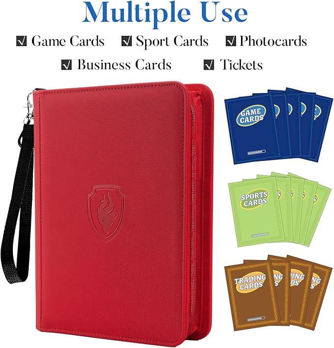 Premium 4 Pocket Zip Card Binder, Trading Card Binder for 320 Cards, Portable PU Card Collection Binder, Collector Card Album Folder for Game & Sports Cards (Red)