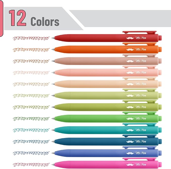 Mr. Pen- 12 Pack Retractable Gel Pens, Vintage & Colorful, Fine Tip 0.7mm