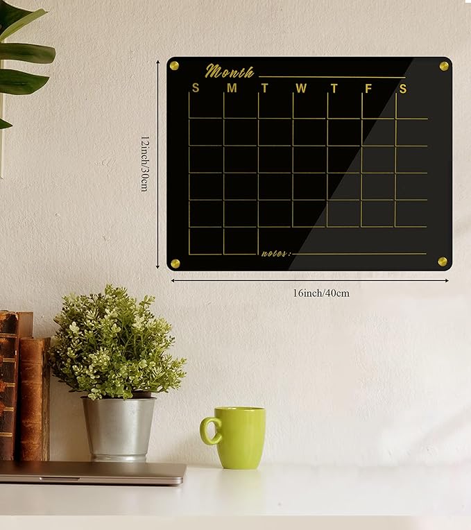 Black Acrylic Calendar Whiteboard for Wall,16’’x12’’,Dry Erase Calendar for Home,Office