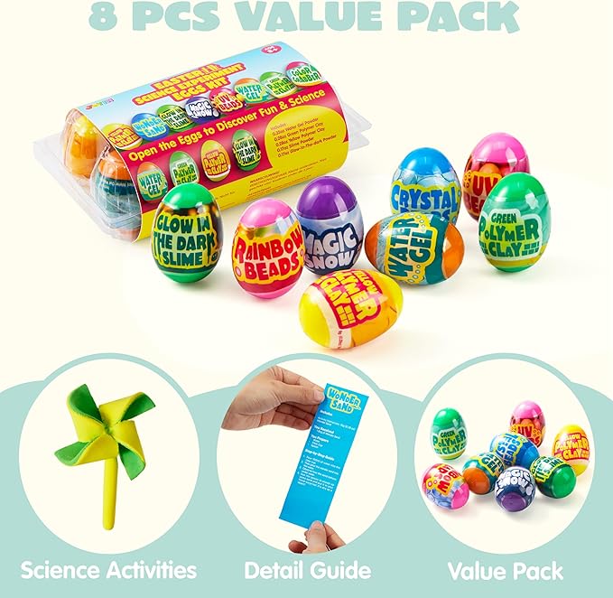 JOYIN 8 Pcs Easter Science Experiment Eggs, Colorful Eggs Prefilled with Science Activity Kit, Easter Hunt, Basket Stuffer Filler, Party Favor, STEM Project Gifts for Boys & Girls