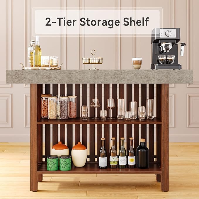LITTLE TREE 63-Inch Home Bar Table, 2-Tier Storage Shelf Mini Bar Unit, Kitchen Pub Table, Small Indoor Bar Counter, Grey + Rustic Brown