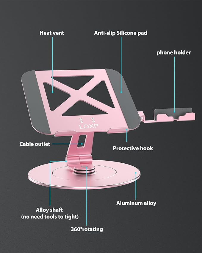 Ultra-Stable Aluminumy Laptop Stand for Desk with Foldable Phone Holder, Stylish Computer Stand for Women, Men Office, Fits Laptops, Pink