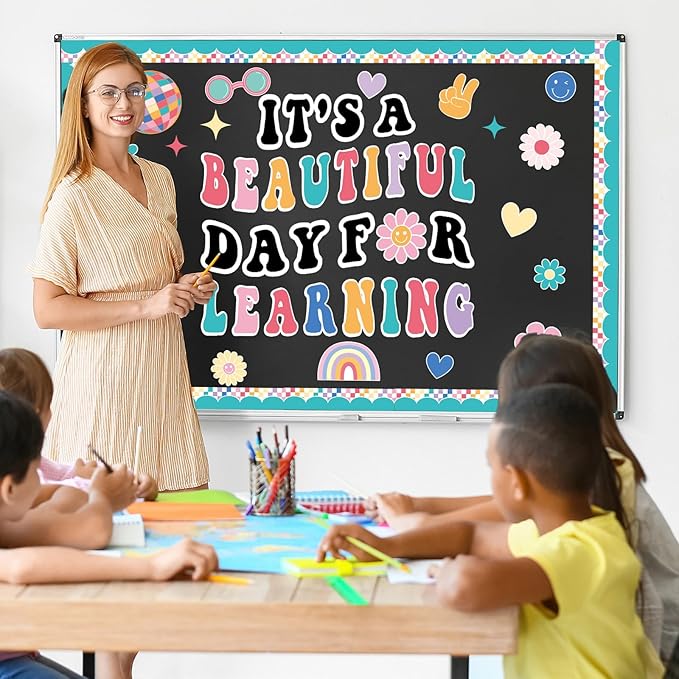Hippie Boho Classroom Bulletin Board Decorations Groovy Retro Back to School Bulletin Set It's a Beautiful Day for Learning Classroom Decoration Colorful Cutout for Teacher Kindergarten Preschool Wall