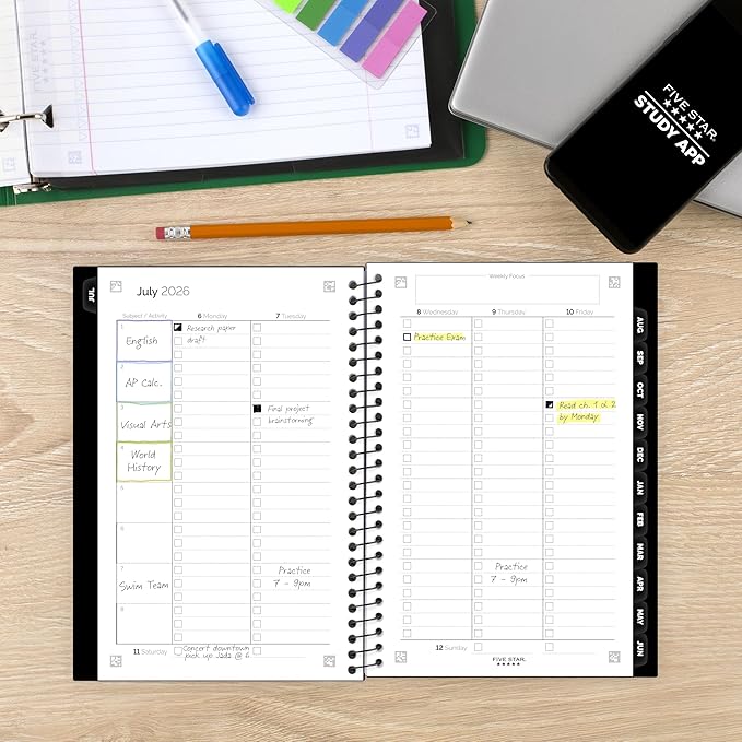 Five Star Planner 2026-2027 Weekly & Monthly Academic 12-Month July-June Advance Student Planner + Study App, 5-1/2" x 8-1/2", Black (CAW45905)