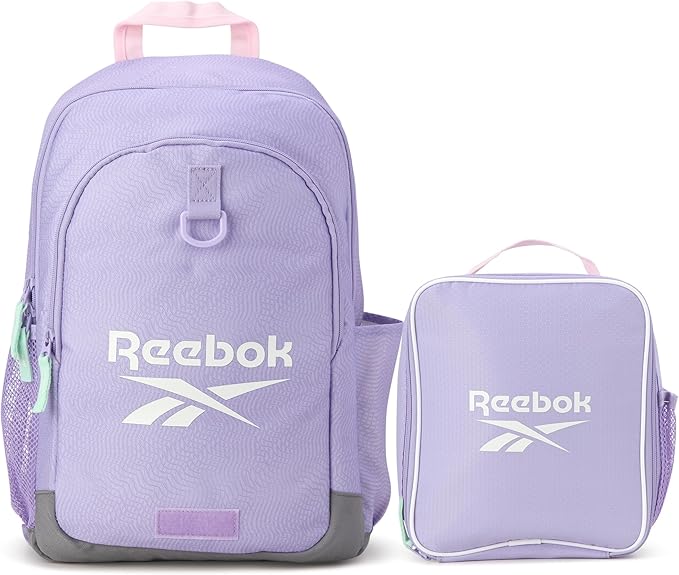 Reebok Girls and Boys Backpack - 2-in-1 Coordinated School Backpack for Girls and Boys with Detachable Lunch Box for Kids, Lavender