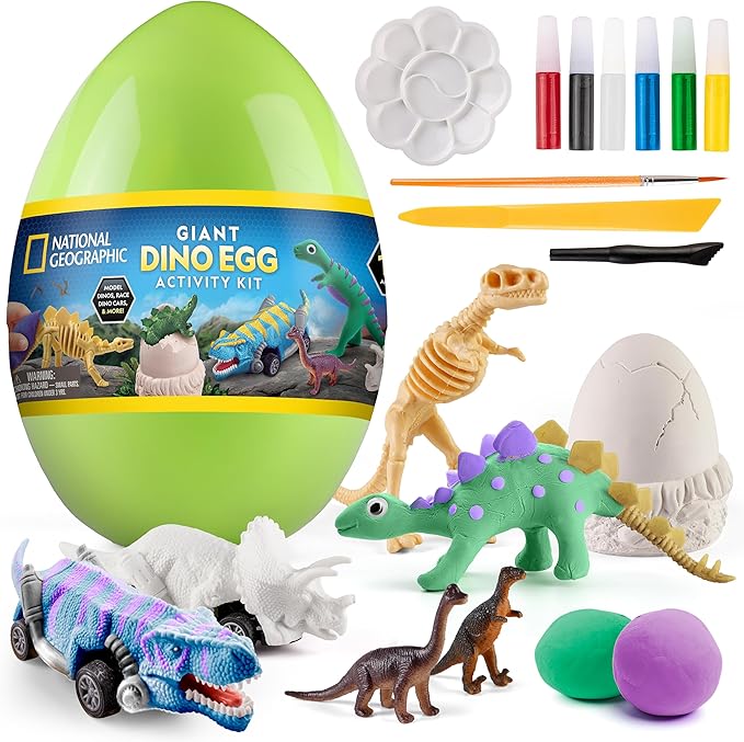 National Geographic Giant Dinosaur Egg Activity Kit – 15+ Dino Crafts, Painting Cars, Clay Models, Dig Brick, Stickers & Learning Guide, Dinosaur Science Toy for Boys & Girls