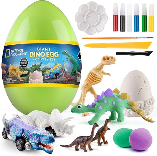 National Geographic Giant Dinosaur Egg Activity Kit – 15+ Dino Crafts, Painting Cars, Clay Models, Dig Brick, Stickers & Learning Guide, Dinosaur Science Toy for Boys & Girls