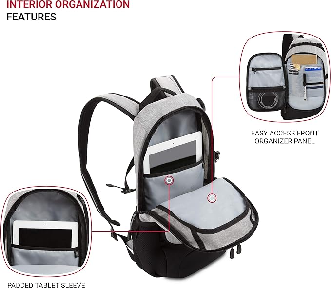SwissGear 3598 Backpack, Narrow Daypack, Ideal for Commuting and School, Light Grey/Heather