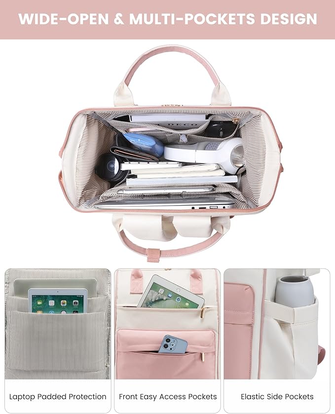 LOVEVOOK Laptop Backpack for Women, 17 Inch Work Teacher Nurse Bag, Large Capacity Business Computer Backpack Purse with USB Port, Stylish Casual Daypack for Travel,Beige&Pink