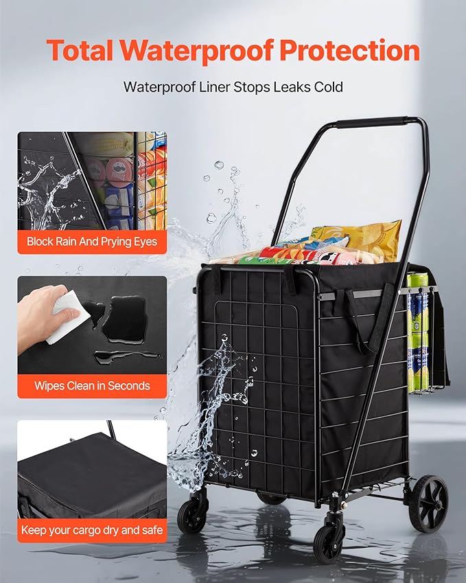 VEVOR Shopping Cart, Folding Grocery Utility Cart with Dual Baskets, Waterproof Liner & Wheels, 100 LBS Large Load Capacity, Heavy Duty Laundry Basket for Laundry, Shopping, Camping, Grocery, Luggage
