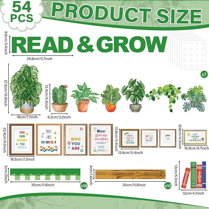 Plant Bookshelf Bulletin Board Set Read and Grow Motivational Greenery Classroom Decor Reading Library Back to School Positive Eucalyptus Potted Paper Cutouts for School Wall Decor Supplies