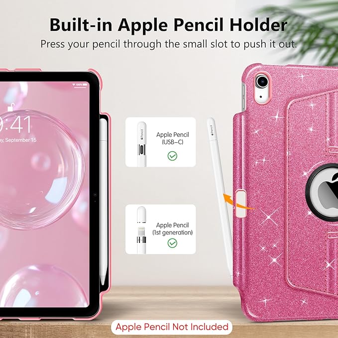 Fintie Rotating Case for iPad (A16) 11th Generation 11 Inch (2025), iPad 10th Generation 10.9 Inch (2022) - [Built-in Pencil Holder] 360 Degree Rotating Protective Stand Cover, Glittering Pink