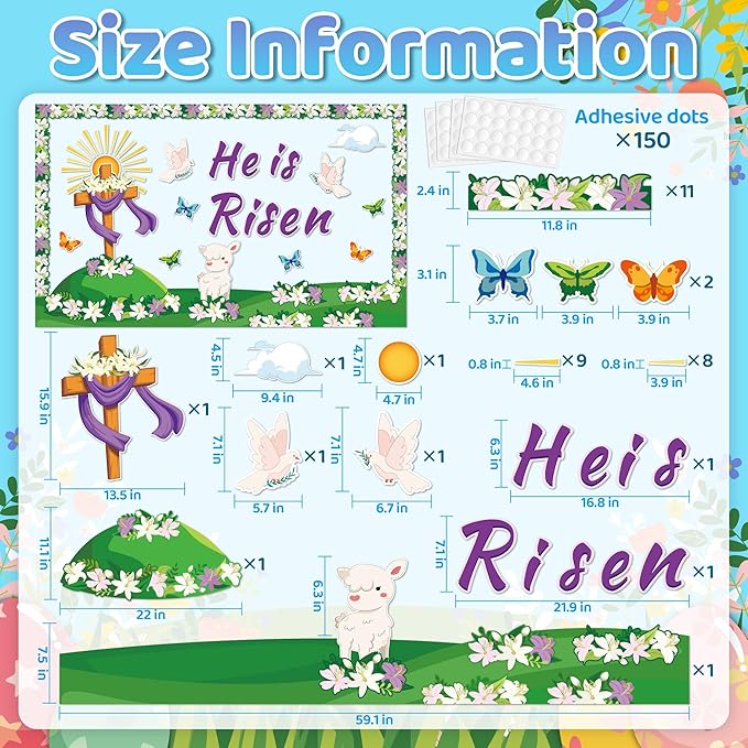 Easter Bulletin Board Decorations, 59Pcs Christian Bulletin Board Sets, He is Risen Bulletin Board Decorations, Cross Butterflies Floral Easter Religious Decorations for Sunday School Church Decor
