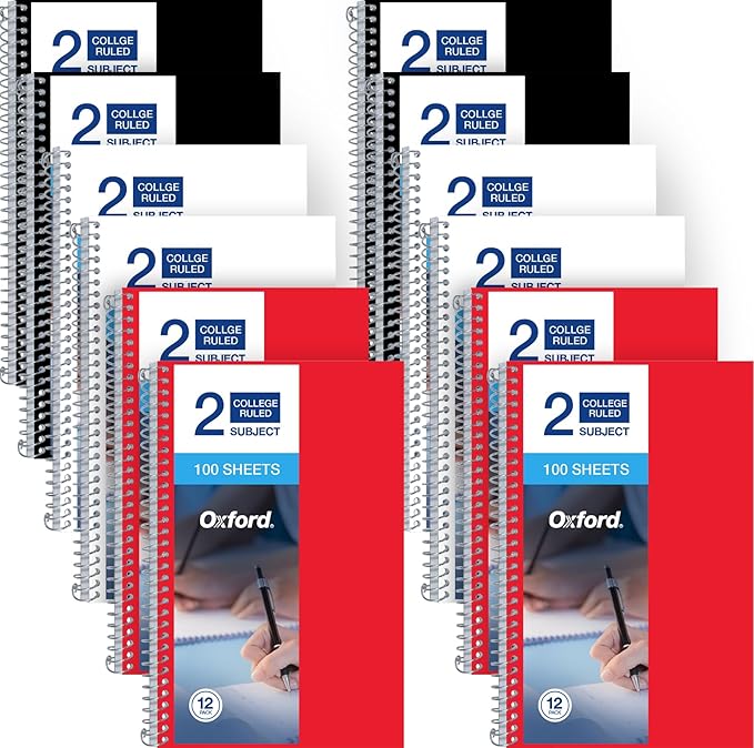 Oxford Two Subject Notebooks College Ruled, Spiral Notebook 6x9 1/2" 100 Sheets, 12 Pack of College Ruled Notebook With Pockets, Poly Cover, Red, White, and Black Notebook (Pack of 12)