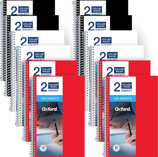 Oxford Two Subject Notebooks College Ruled, Spiral Notebook 6x9 1/2" 100 Sheets, 12 Pack of College Ruled Notebook With Pockets, Poly Cover, Red, White, and Black Notebook (Pack of 12)