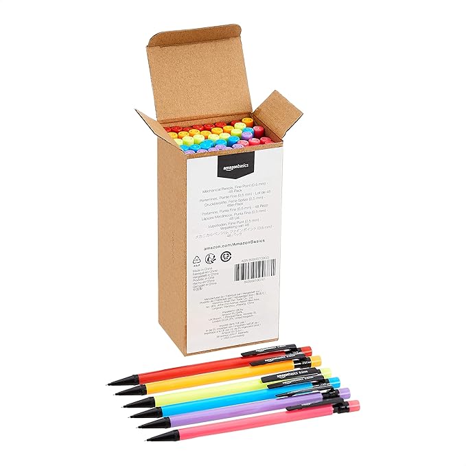 Amazon Basics Mechanical Pencils 0.7mm for Writing, Drawing, School and Office Supplies, with Eraser, Multicolor, 48-Pack