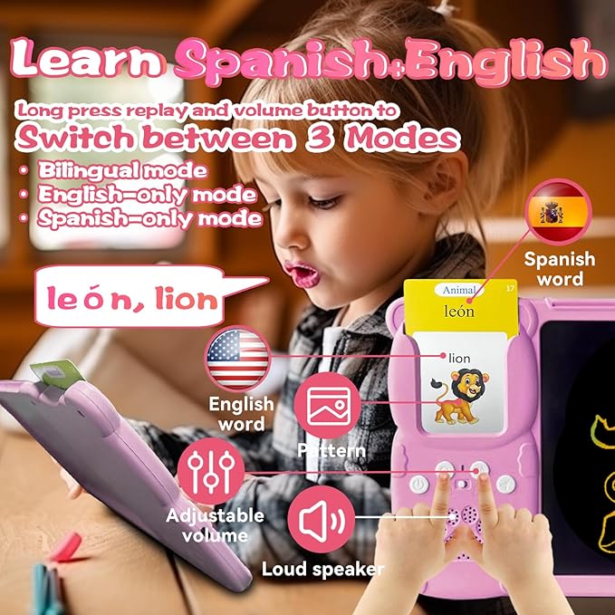 English Spanish Flash Cards for Kids 3-12 - Drawing Writing Tablet for Toddlers, Sensory Toys for Autistic Children, 510 Sight Words, Travel Activities for 4 Year Old Girl Boy (Pink)