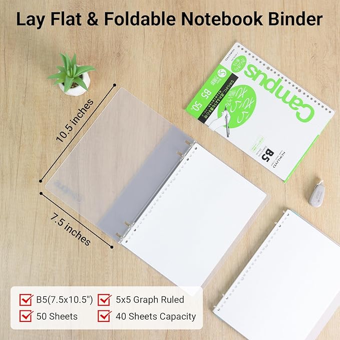 KOKUYO Campus 2x2 Spiral Binder Notebook Set, B5 Refillable Notebook + 50 Refill Papers with 5x5 Graph Ruled, 40 Sheet Capacity, Gray, Perfect for Work, Study & Journal, Japan Import