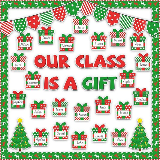 Christmas Bulletin Board Decoration Set Xmas Gift Boxes Borders Cutouts for Party School Classroom Door Welcome Bulletin Board Craft Home Wall (Our Class is a Gift)