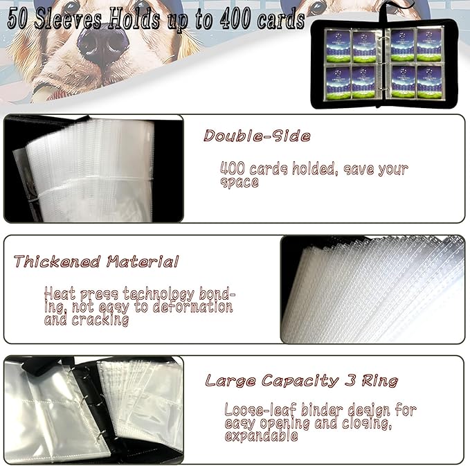 400 Pockets Baseball Card Binder, Trading Card Binder 4 Pocket with 50 Removable Sleeves Fits 400 Sport Cards, 3 Ring Card Holder Binder with Zipper, Collector Storage Album