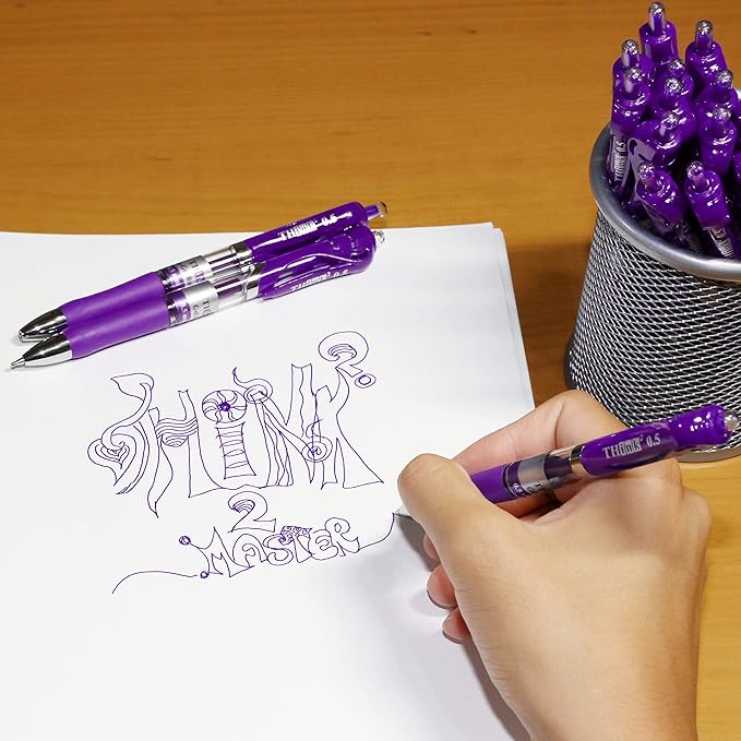 [24 Pens - Purple Ink] Think2 Retractable Gel Pens. (24 Purple) Fine Point (0.5mm) Rollerball Pens with Comfort Grip.