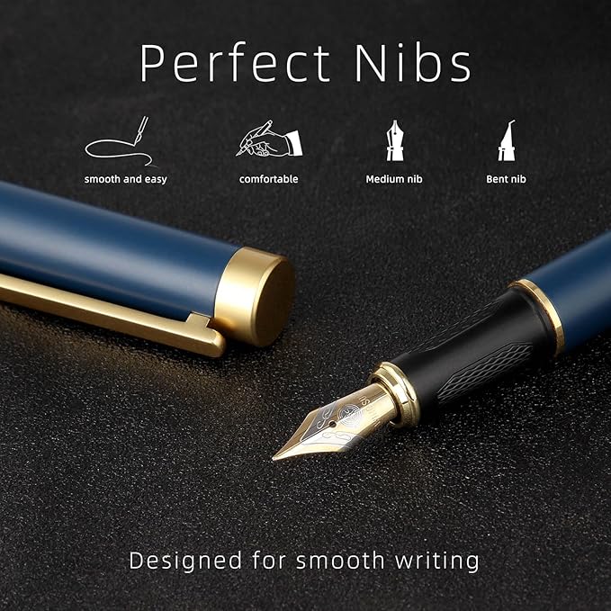 Fountain pen,Luxury pen,Nice pen gift pure copper heavy feel Office Executive Pen Smooth Writing Pens for Men Funcy Pens with Gift Case 10 black cartridges medium nib (Blue)