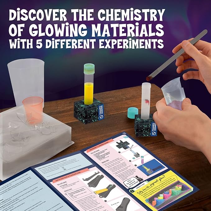 Thames & Kosmos Glow-in-The-Dark Science Lab STEM Experiment Kit | 5 Fun, Safe Activities with Glowing Substances & Neon Pigments! | DIY Glow Sticks, Neon Chalk & More | Includes UV Flashlight