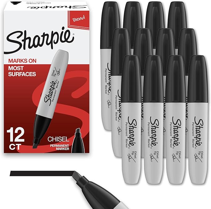 Sharpie Permanent Markers, Chisel Tip, Black, 12 Count - School, Desk, Office Supplies