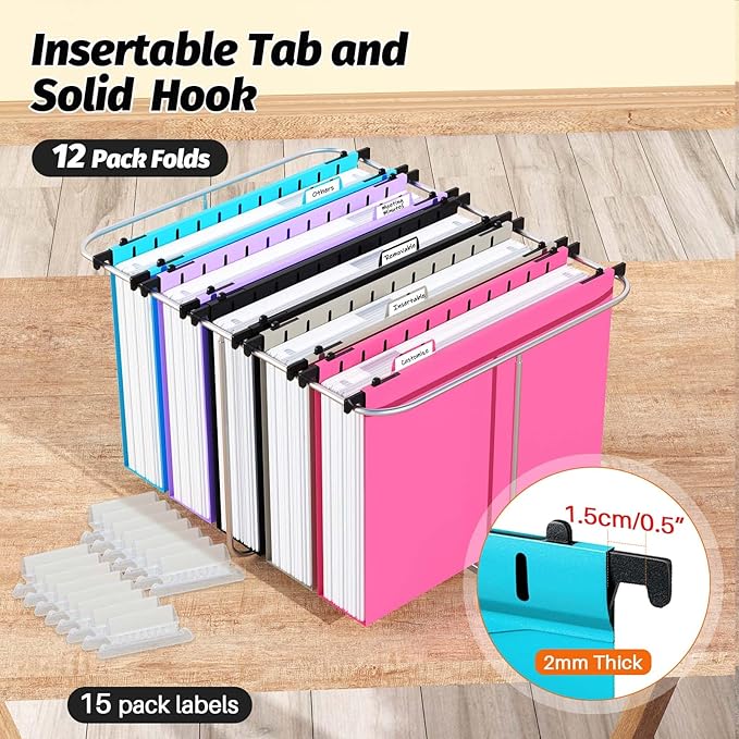 Extra Capacity Plastic Hanging File Folder, 12 Pack Reinforced Hang Folders Letter Size, Heavy Duty 2 Inch Expansion Filing Cabinet Folders for Bulk Files, Medical Charts, Assorted Colors