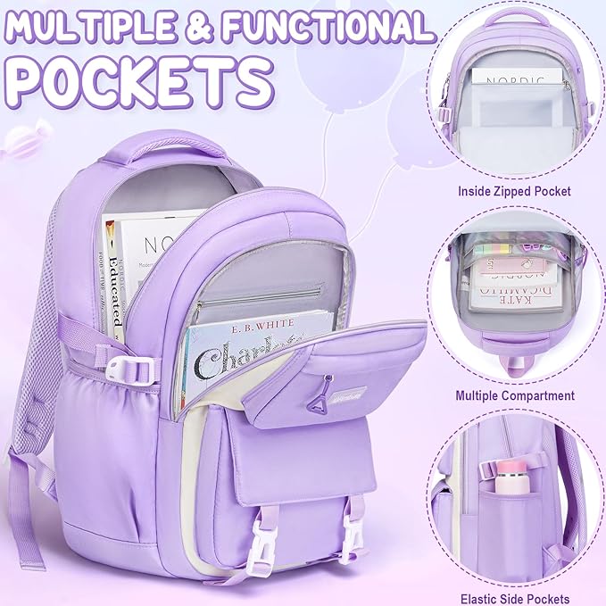 Fimibuke Backpacks for Girls, 3 PCS Waterproof School Backpack with Lunch Box & Pencil Pouch for Kids Teen Girl, Cute Bookbag School Bag for Elementary Middle High School Student Ages 6+(Blue)