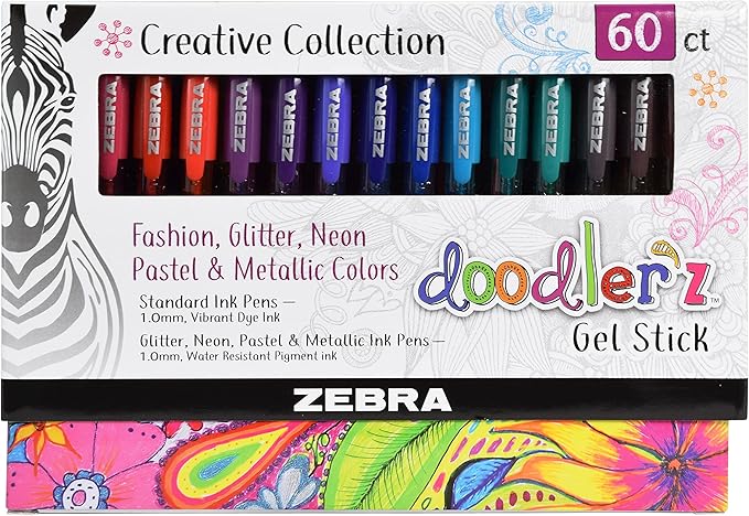 Zebra Pen, doodler’z Gel Stick Pens, 1.0mm Needle-Point Tip, Glitter, Neon, Pastel, Metallic Gel Ink, Vibrant Assorted Colors, Water-Based Ink, Art and School Pens, 60 Count Pack (41960)
