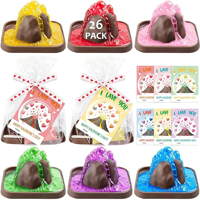 MOVINPE Valentine’s Day Classroom Gift Exchange for Kids – 26 Pack Volcano Science STEM Kits with Valentines Cards, Mini Volcano Eruption Experiment Science Party Favors for School Activities