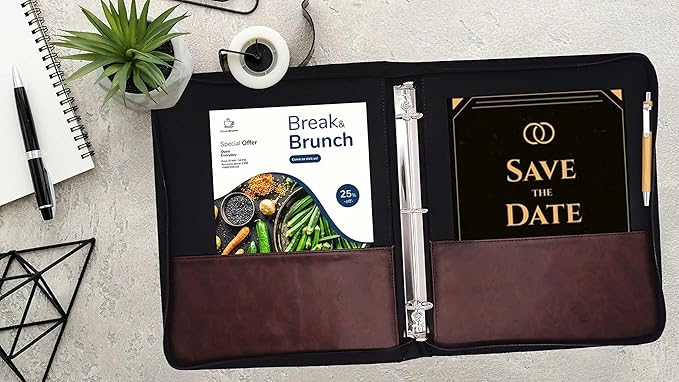 Performore Vintage Professional 3 Ring Zipper Binder Organizer, for 8.5" x 5.5" Paper, 1-Inch Round Rings, 2 Inner Pockets, Antique Brown Vegan Leather, Pen Included