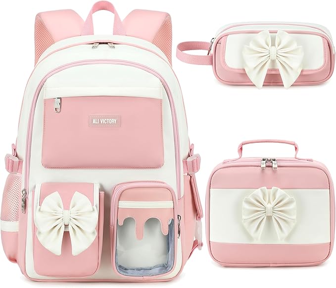 School Backpack for Girls 3PCS Nylon Kids Backpack Set with Lunch Box & Pencil Pouch, Cute Lightweight Teen Girls School Bag Laptop Bag Travel Daypack for Elementary Middle High School Beige Pink