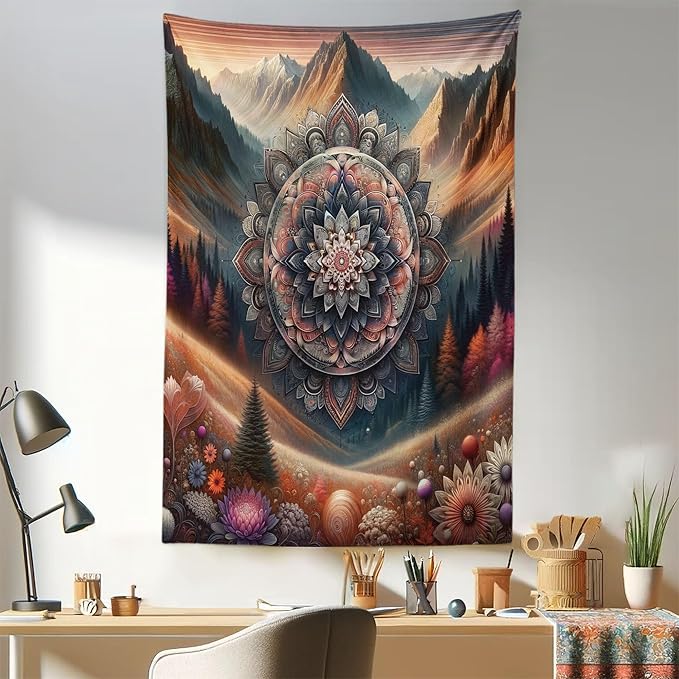 Ambesonne Hippie Tapestry, Modern Scandi Blooming Trippy Flower with Mountain Landscape Woodland, Fabric Wall Hanging Decor for Bedroom Living Room Dorm, 30" X 45", Pale Vermilion Cadet Blue