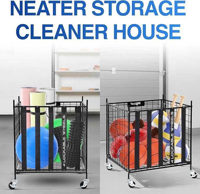 YES4ALL Rolling Ball Cart Storage with Lockable Wheels Volleyball Basketball Holder, Toy Balls Bin, Garage Cage, Storage Racks, Sports Equipment Organizer, Ball Rack for Outdoor Indoor Use
