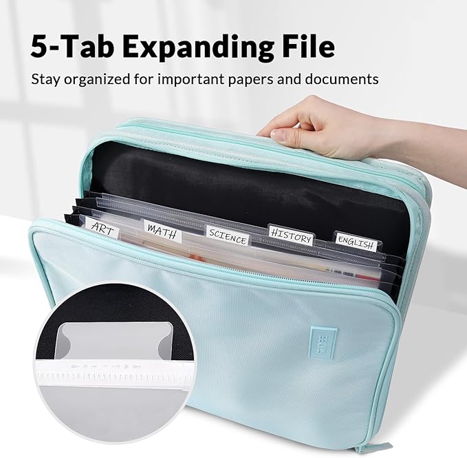SUNEE Zippered Binder Bag with Handle, 2-Inch 3-Ring O-Ring, 500-Sheet Capacity, Includes Zip Pocket, 5-Tab Expanding File Folder, Multi-Pocket Organizer Binder for Middle School, Sky Blue