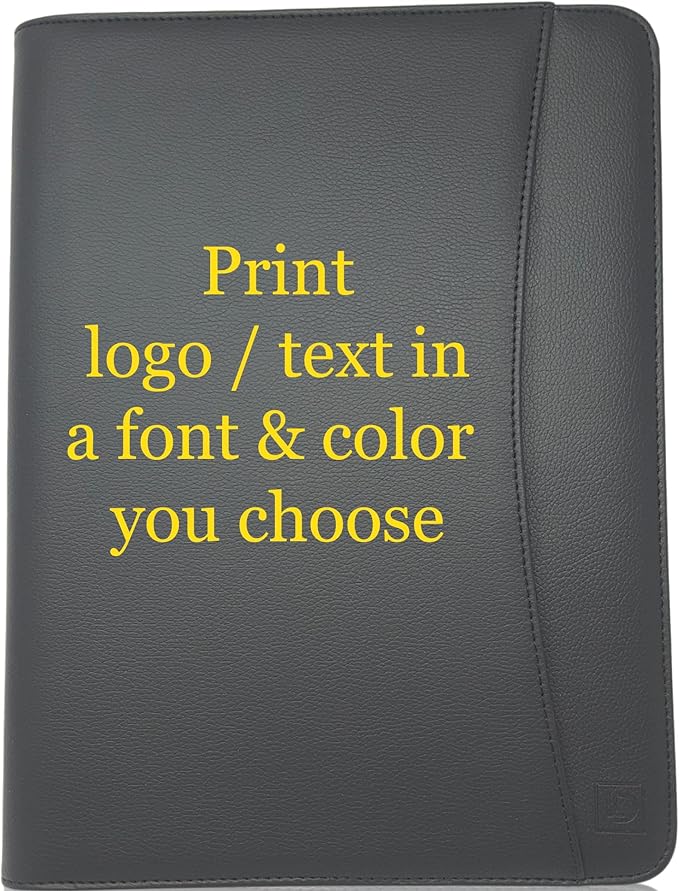 Customized Leather Padfolio - Name/Logo Printed on Lean Black Faux Leather Business Portfolio File Organizer & Binder for Men or Women. Includes 8.5x11 Notepad & Premium Gift Box.
