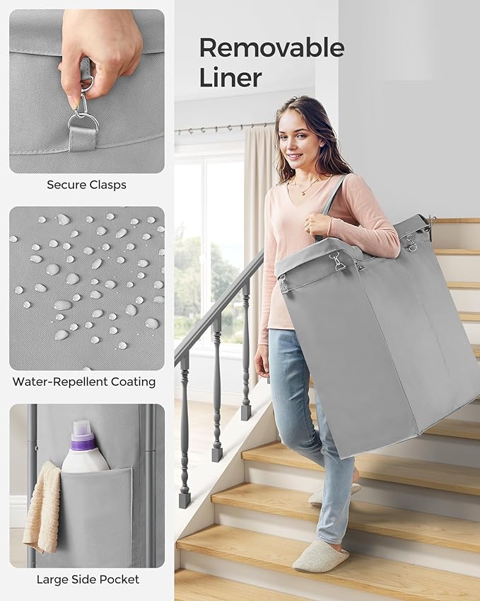 SONGMICS Laundry Basket with Wheels, 2-Section Rolling Laundry Hamper, 37 Gallons (140 L), Removable Liner, Steel Frame with Handle, 27.2 x 15.4 x 31.9 Inches, Dove Gray URLS004G01