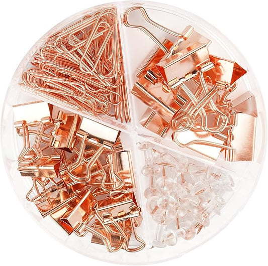 97 PCS Office Supplies for Women, Paper Clips, Binder Clips and Push Pins Set, Paperclips Thumb Tacks School and Home Desk Supplies, Desk Organized (Rose Gold)