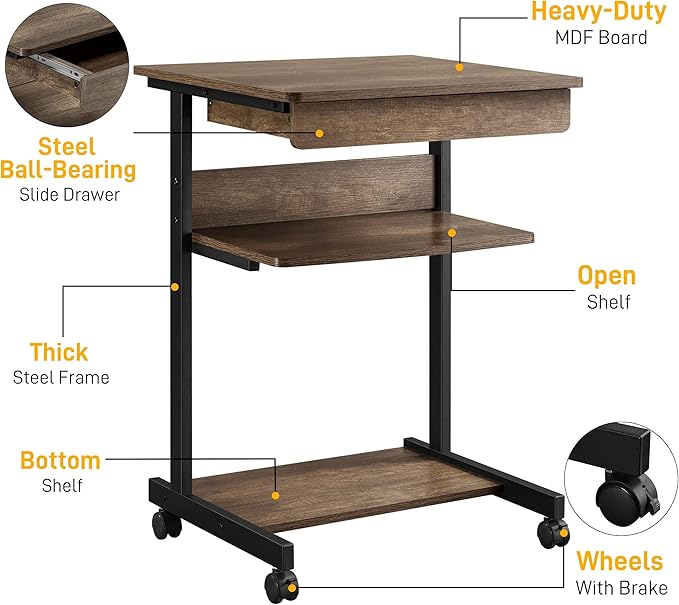 Yaheetech Small Rolling Computer Desk with Storage Drawer, Rolling Home Office Computer Desk with Keyboard Tray, Laptop Desk with Wheels and Drawer, Taupe Wood