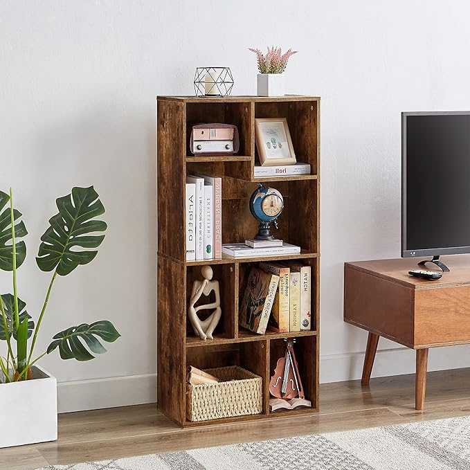 VECELO 42" Modern Bookshelf, 7 Cube Organizer Bookcase,Fits Tallest Hardcovers, Horizontal Available,Floor Standing Display,Easy Assembly,Brown