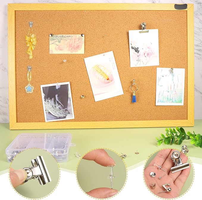 310 Pcs Silver Push Pins Set, Thumb Tacks Decorative Push Pins for Cork Board with Push Pin Hook Pushpin Clip 5 Style Office Accessories for Cork Board Map Office (Silver)