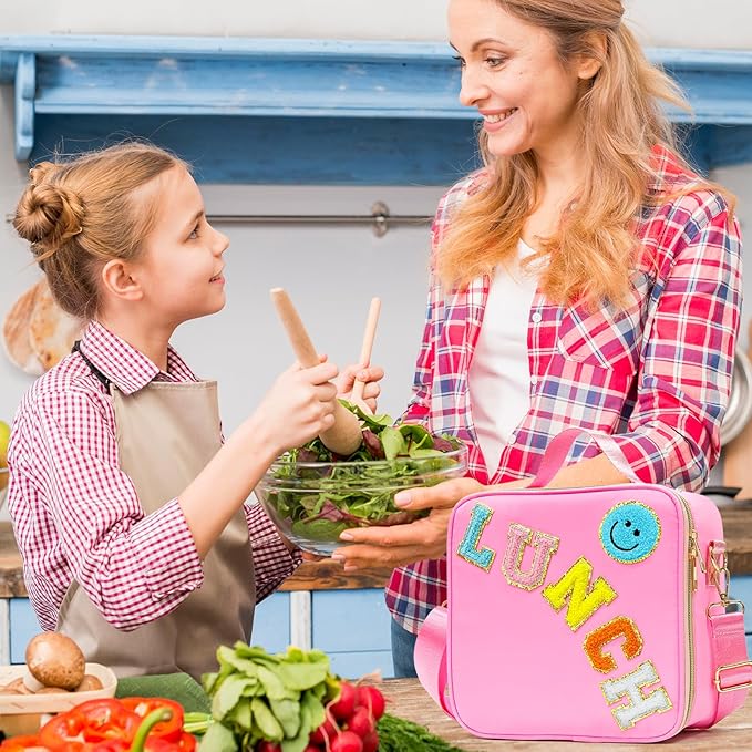 Insulated Lunch Bag Women Lunch Box Kids for Teen Girls Boys, Cute Preppy Lunch Boxes With Adjustable Shoulder Strap, Waterproof Nylon Lunchbox Lunch Bags for School Work Picnic (Pink)
