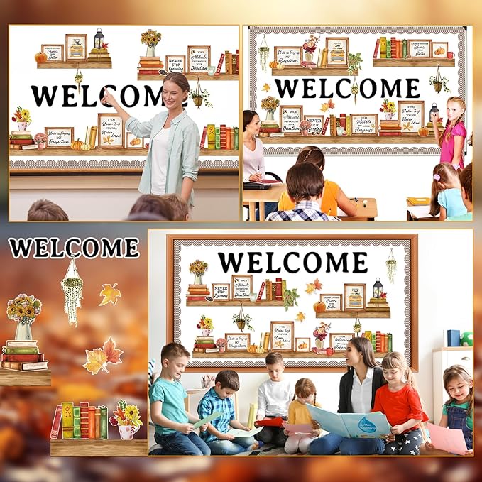 Qilery Bookshelf Bulletin Board Set Welcome Fall Motivational Classroom Decor Reading Library Bulletin Board Set Inspirational Cutout for Back to School Classroom Decoration