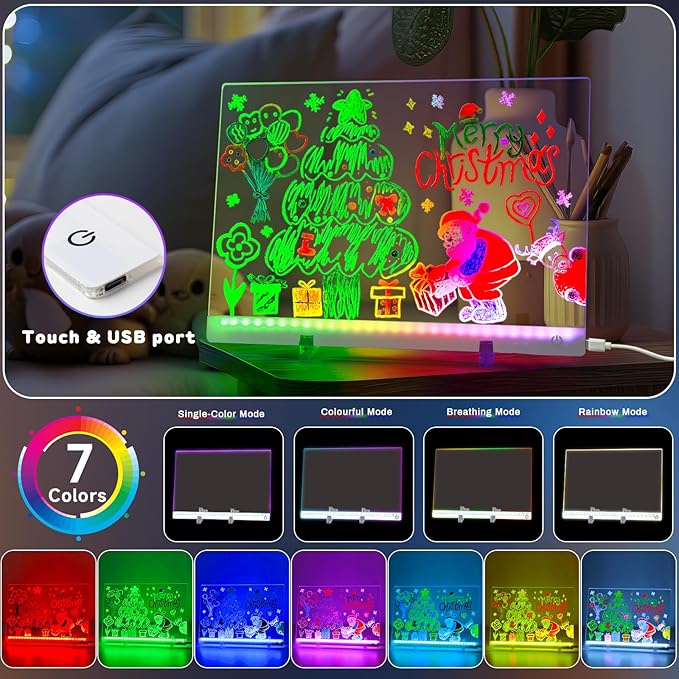 Acrylic Dry Erase Board with Light, 13.7"x10" 7 Color Changing Touch LED Note Board with 4 Modes & 7 Markers, Light Up Message Board Desktop Memo Board, LED Drawing Board for Kids Girls Boys (Touch)