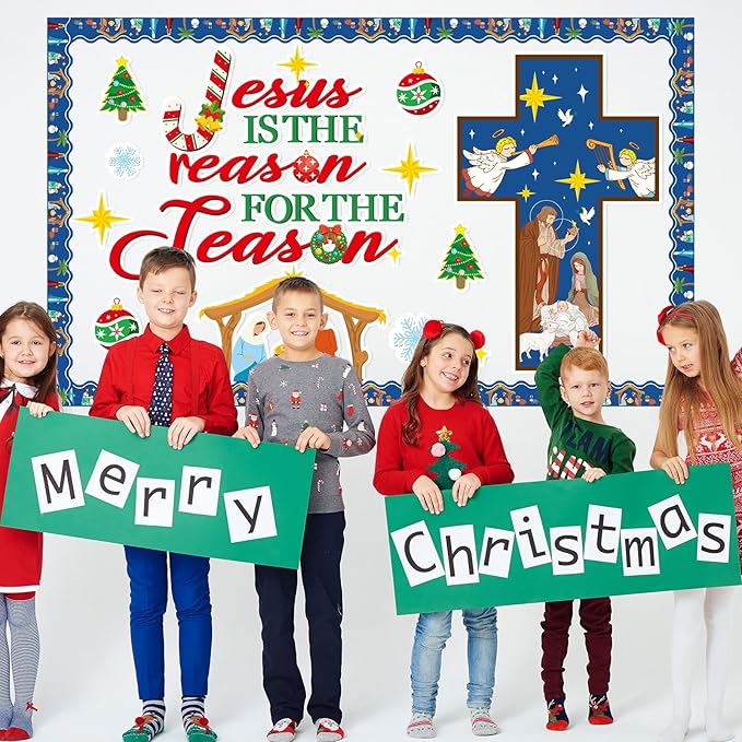 Christian Bulletin Board Decorations Jesus is The Reason for The Season Classroom Cutouts Christmas Nativity Religious Paper Decors for Xmas Holiday Sunday Church Chalkboard Wall Decor Supplies