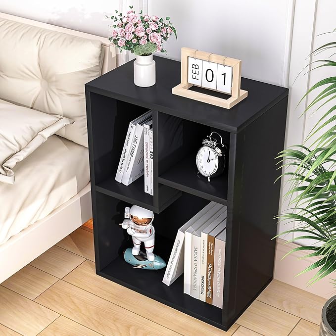 VECELO Small Bookshelf, 3 Cube Shelf, Fits Tallest Hardcovers, Horizontal Available, Short Bookcase for Small Spaces,Black