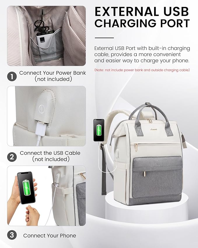 LOVEVOOK Laptop Backpack for Women, 17 Inch Work Teacher Nurse Bag, Large Capacity Business Computer Backpack Purse with USB Port, Stylish Casual Daypack for Travel,Beige&Grey