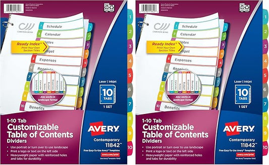 Avery Dividers for 3 Ring Binders,10 Tabs per Set,Customizable Table of Contents,Multicolor Arched Tabs,Great for Organizing Reports,Projects,and More (11842),(Pack of 2)